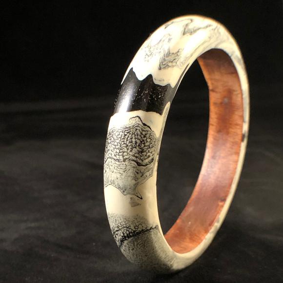 Jewelry - Wooden Bangle, Black & white watercolor, OOAK